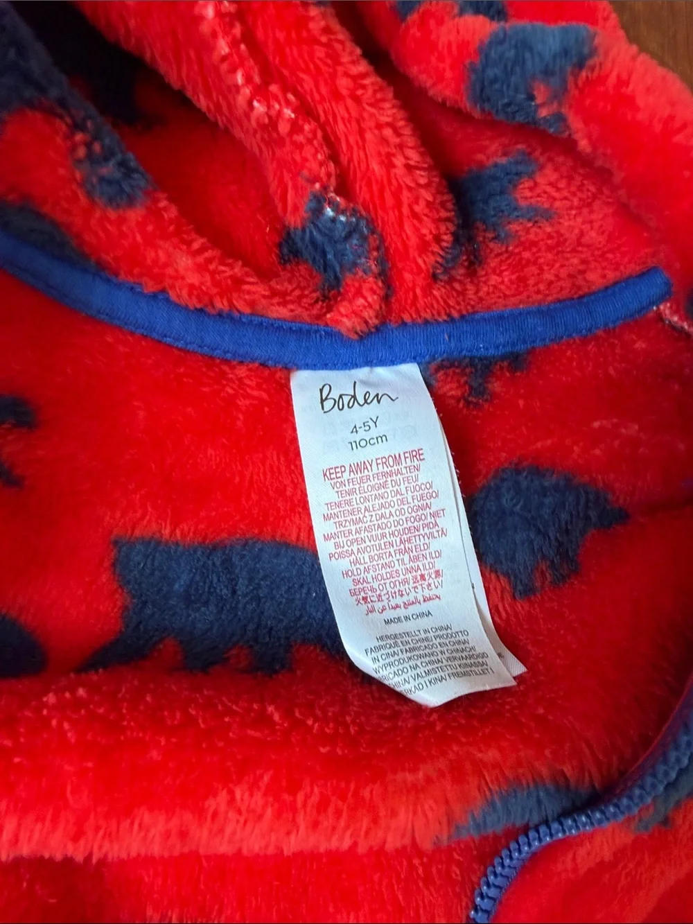 Boden - Red Fleece Hooded Kids One-Piece with Navy Bear Print